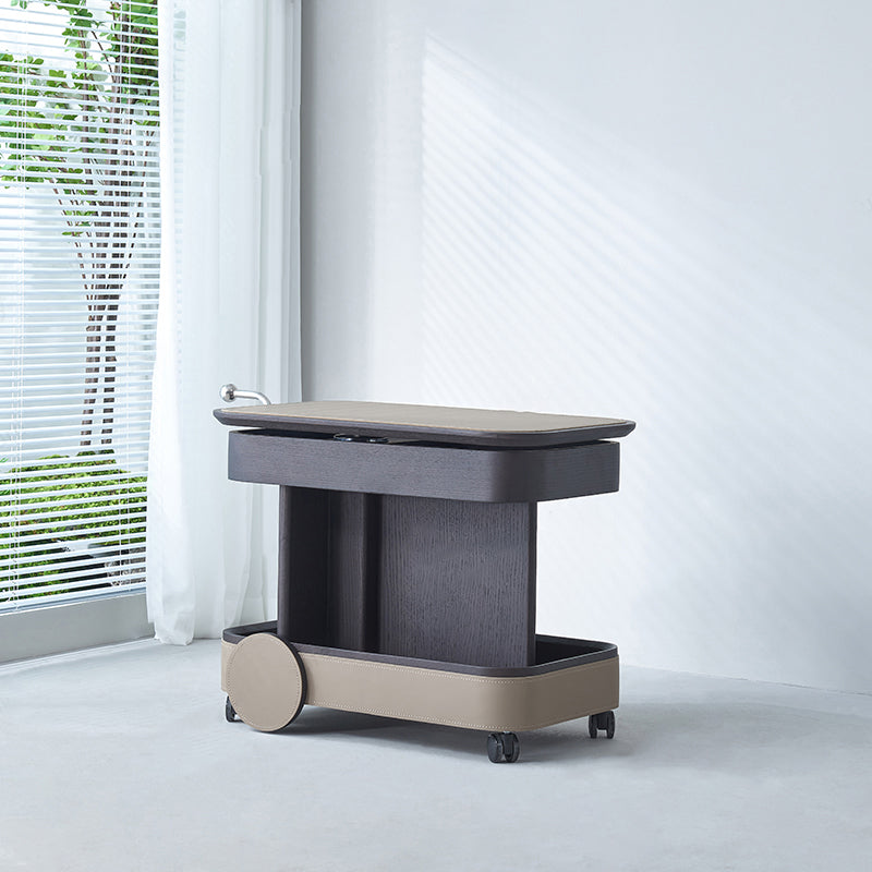 Rolling Adjustable Swivel Side Table with Faux Saddle Leather Top – Creative Multi-Tier Storage Trolley for Living Room