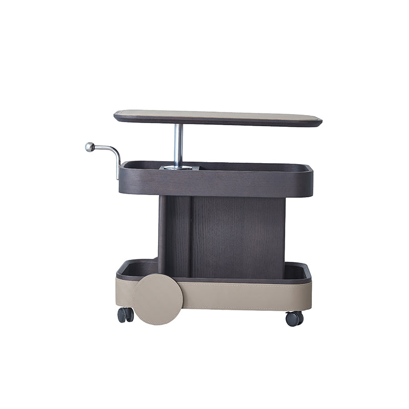 Rolling Adjustable Swivel Side Table with Faux Saddle Leather Top – Creative Multi-Tier Storage Trolley for Living Room