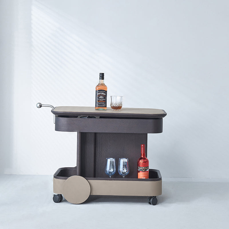 Rolling Adjustable Swivel Side Table with Faux Saddle Leather Top – Creative Multi-Tier Storage Trolley for Living Room