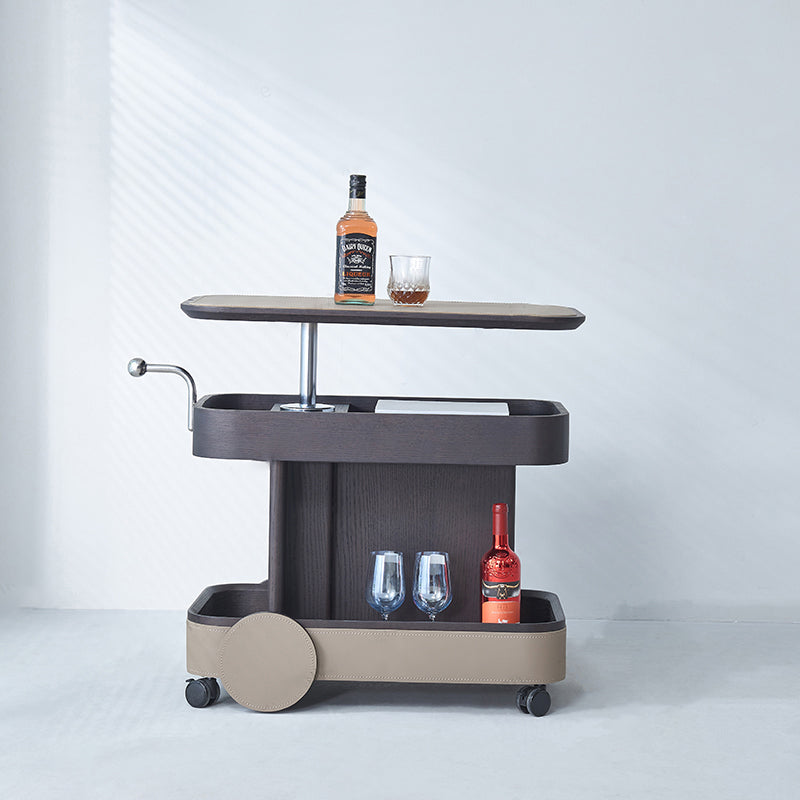 Rolling Adjustable Swivel Side Table with Faux Saddle Leather Top – Creative Multi-Tier Storage Trolley for Living Room