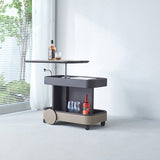 Rolling Adjustable Swivel Side Table with Faux Saddle Leather Top – Creative Multi-Tier Storage Trolley for Living Room