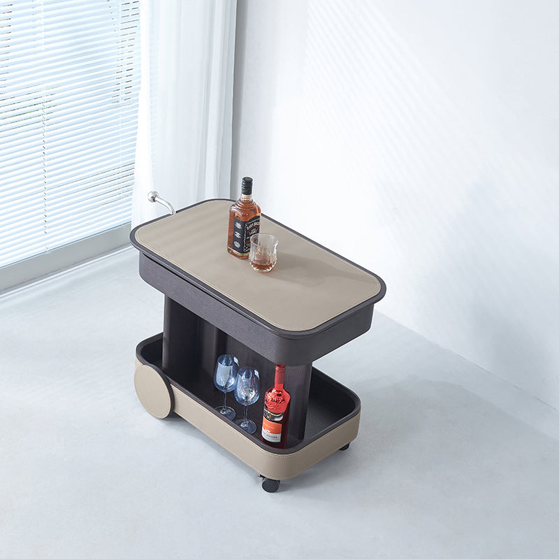Rolling Adjustable Swivel Side Table with Faux Saddle Leather Top – Creative Multi-Tier Storage Trolley for Living Room
