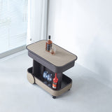 Rolling Adjustable Swivel Side Table with Faux Saddle Leather Top – Creative Multi-Tier Storage Trolley for Living Room