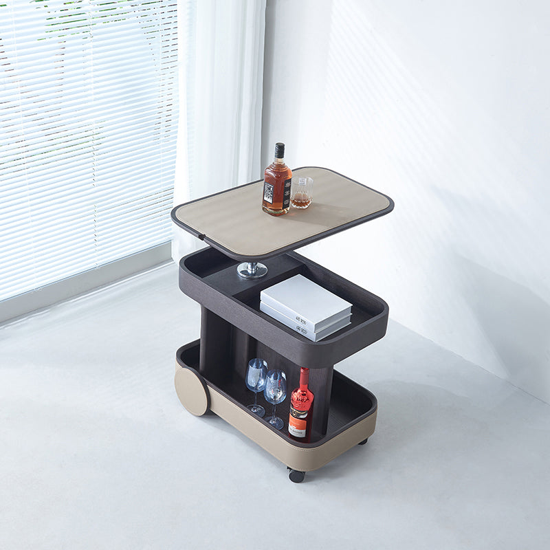 Rolling Adjustable Swivel Side Table with Faux Saddle Leather Top – Creative Multi-Tier Storage Trolley for Living Room