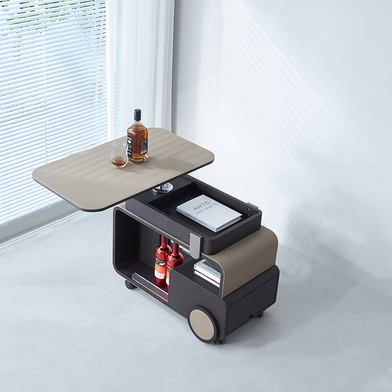 Elegant Rolling Faux Saddle Leather & Acrylic Side Table — Versatile Bar Cart with Adjustable Tabletop for Living Room