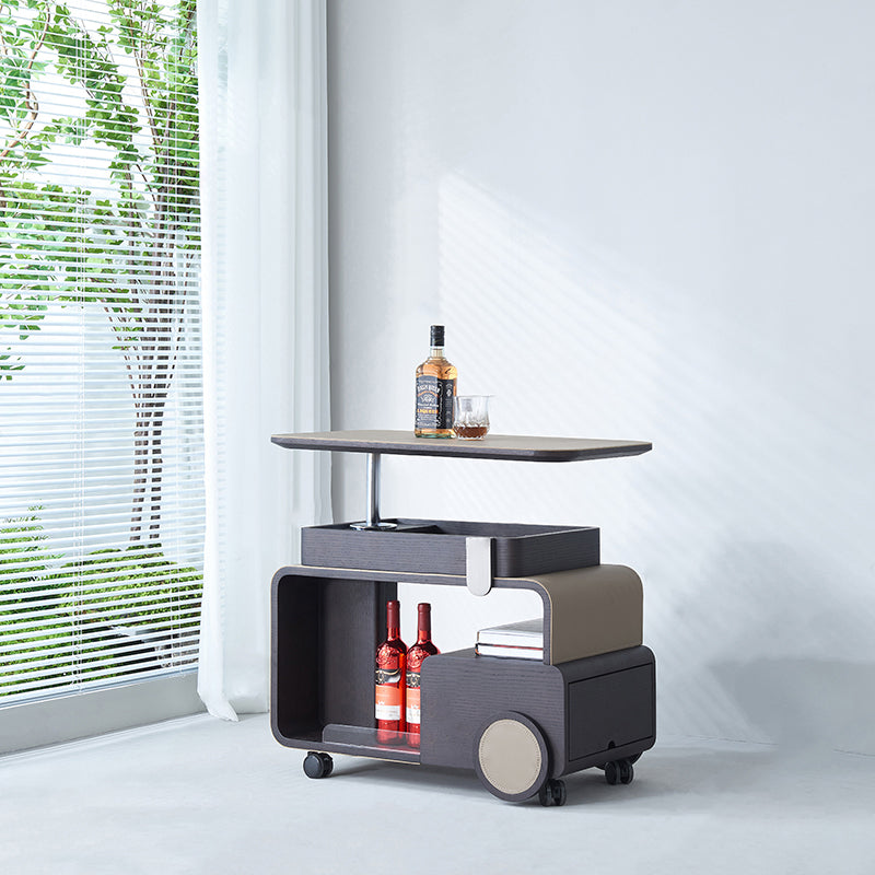 Elegant Rolling Faux Saddle Leather & Acrylic Side Table — Versatile Bar Cart with Adjustable Tabletop for Living Room