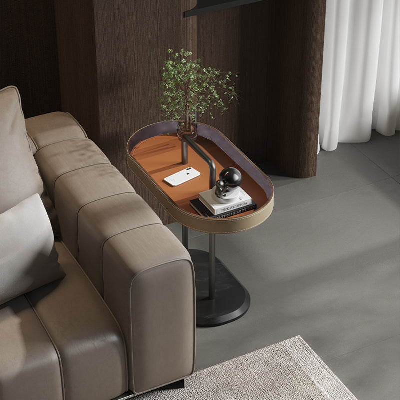 Elegant Oval Saddle Leather and Marble End Table - Nordic-Style Sofa Side Table for Living Room