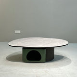 Oval Sintered Stone & Solid Wood Coffee Table with Unique Hollow Base – Scandinavian-Style End Table for Living Room