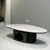 Oval Sintered Stone & Solid Wood Coffee Table with Unique Hollow Base – Scandinavian-Style End Table for Living Room