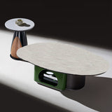 Oval Sintered Stone & Solid Wood Coffee Table with Unique Hollow Base – Scandinavian-Style End Table for Living Room