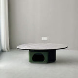 Oval Sintered Stone & Solid Wood Coffee Table with Unique Hollow Base – Scandinavian-Style End Table for Living Room