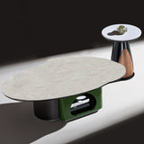 Oval Sintered Stone & Solid Wood Coffee Table with Unique Hollow Base – Scandinavian-Style End Table for Living Room