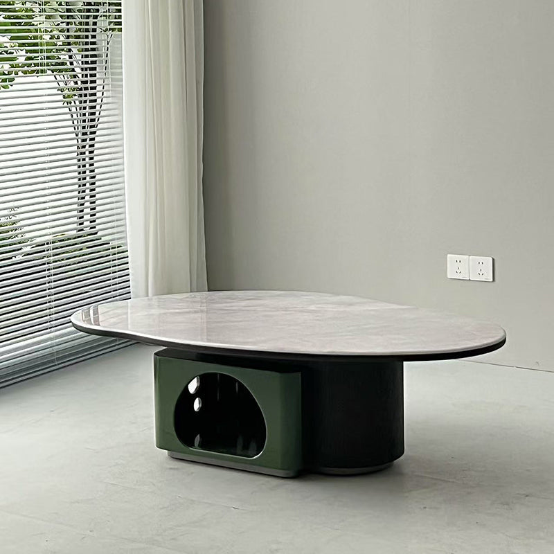 Oval Sintered Stone & Solid Wood Coffee Table with Unique Hollow Base – Scandinavian-Style End Table for Living Room