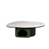 Oval Sintered Stone & Solid Wood Coffee Table with Unique Hollow Base – Scandinavian-Style End Table for Living Room