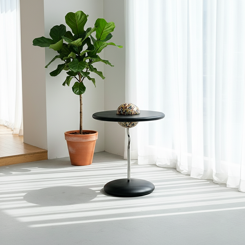 Sleek Round Curved End Table with MDF Top & Stainless Steel Frame – Minimalist Small Living Room Accent