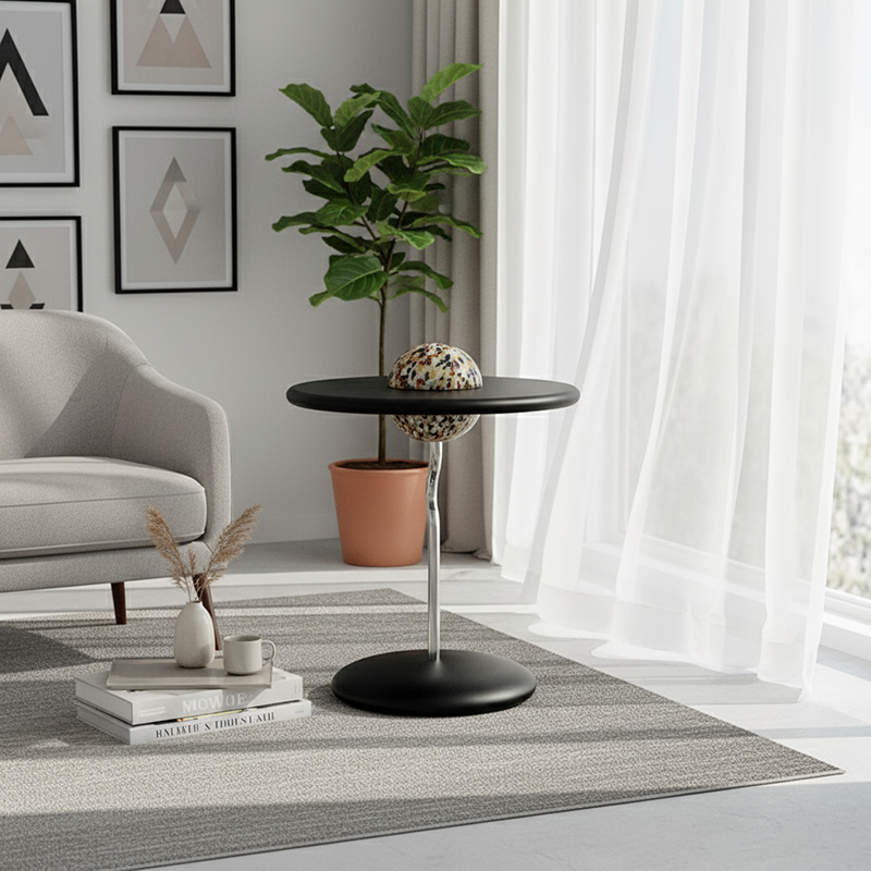 Sleek Round Curved End Table with MDF Top & Stainless Steel Frame – Minimalist Small Living Room Accent