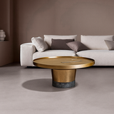 Round Sculptural Marble Coffee Table with Bronze Metal Base – Nordic-Style Living Room Accent Table