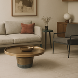 Round Sculptural Marble Coffee Table with Bronze Metal Base – Nordic-Style Living Room Accent Table