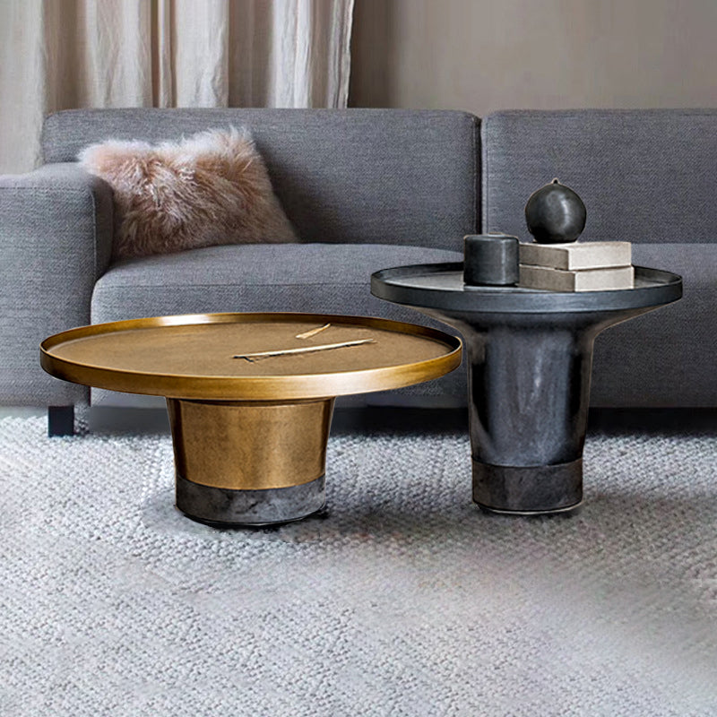 Round Sculptural Marble Coffee Table with Bronze Metal Base – Nordic-Style Living Room Accent Table