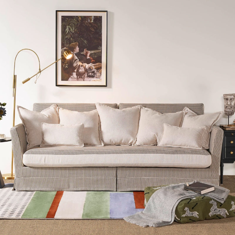 Birch Wood Sofa with Classic Houndstooth Pattern — Timeless Minimalist Elegance, 3/4 Seater for Living Room