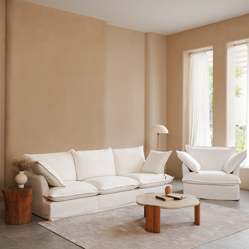 Pearl White Birch Wood Sofa — Modern Minimalist Pillow-Style Settee Bench for 2–3 Seats, Living Room Accent