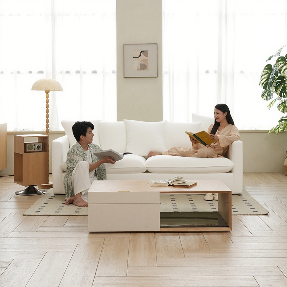 Moonlight White Linen Birch Wood Sofa — Elegant French-Style Soft-Touch Lounge Sofa, 3/4 Seater for Living Room