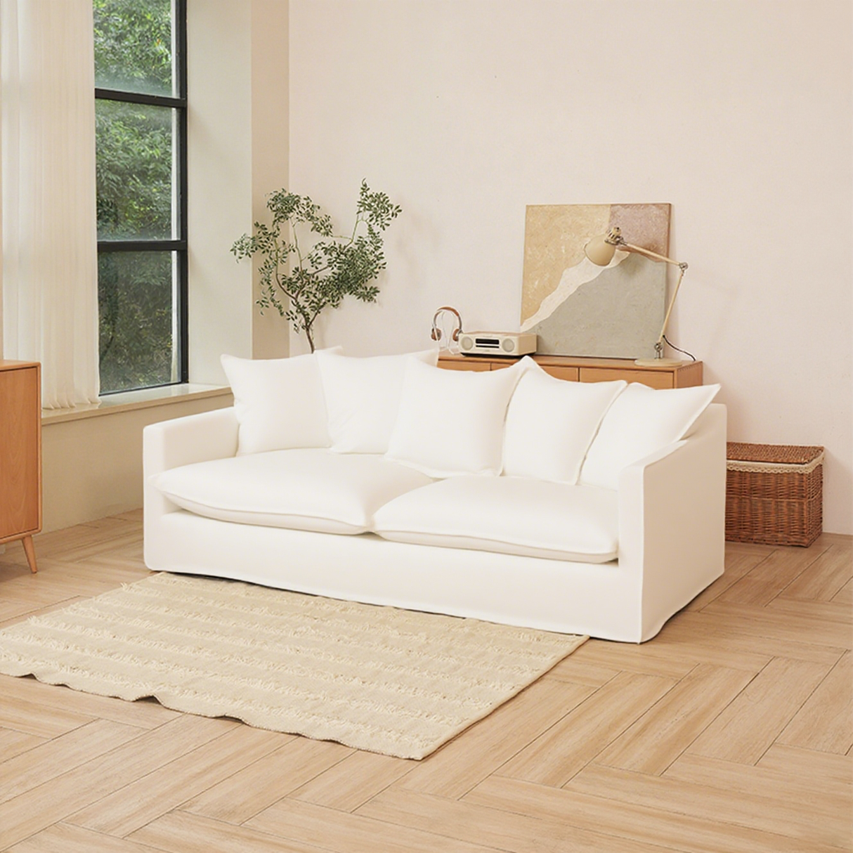 Moonlight White Linen Birch Wood Sofa — Elegant French-Style Soft-Touch Lounge Sofa, 3/4 Seater for Living Room