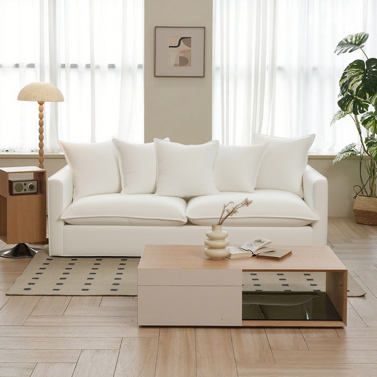 Moonlight White Linen Birch Wood Sofa — Elegant French-Style Soft-Touch Lounge Sofa, 3/4 Seater for Living Room