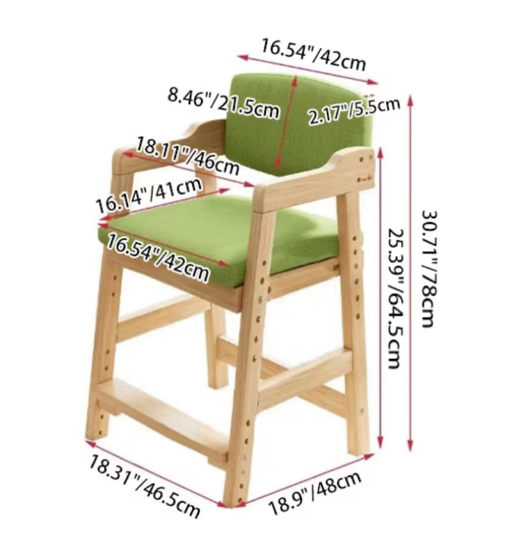 Modern Minimalist Adjustable Kids Chair in Solid Pine Wood with Cotton-Linen Upholstery and Foam Cushion for Bedroom