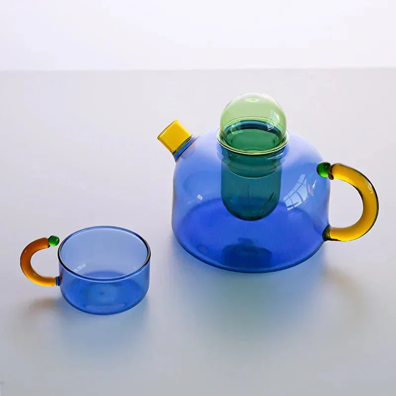 Heat-Resistant Glass Teapot Set with Bold Contrasting Colors