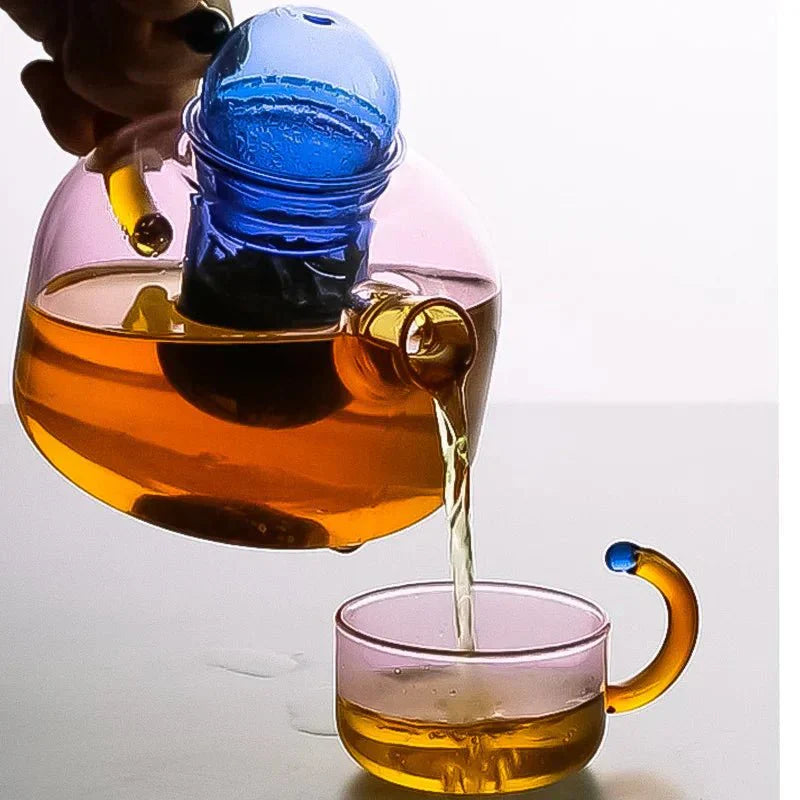Heat-Resistant Glass Teapot Set with Bold Contrasting Colors