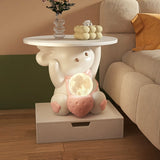 Modern Art Deco Kids Rabbit End Table with 1 Drawer and LED Light — Round Top, Resin-Wood Enamel Finish, Bedroom Nightstand